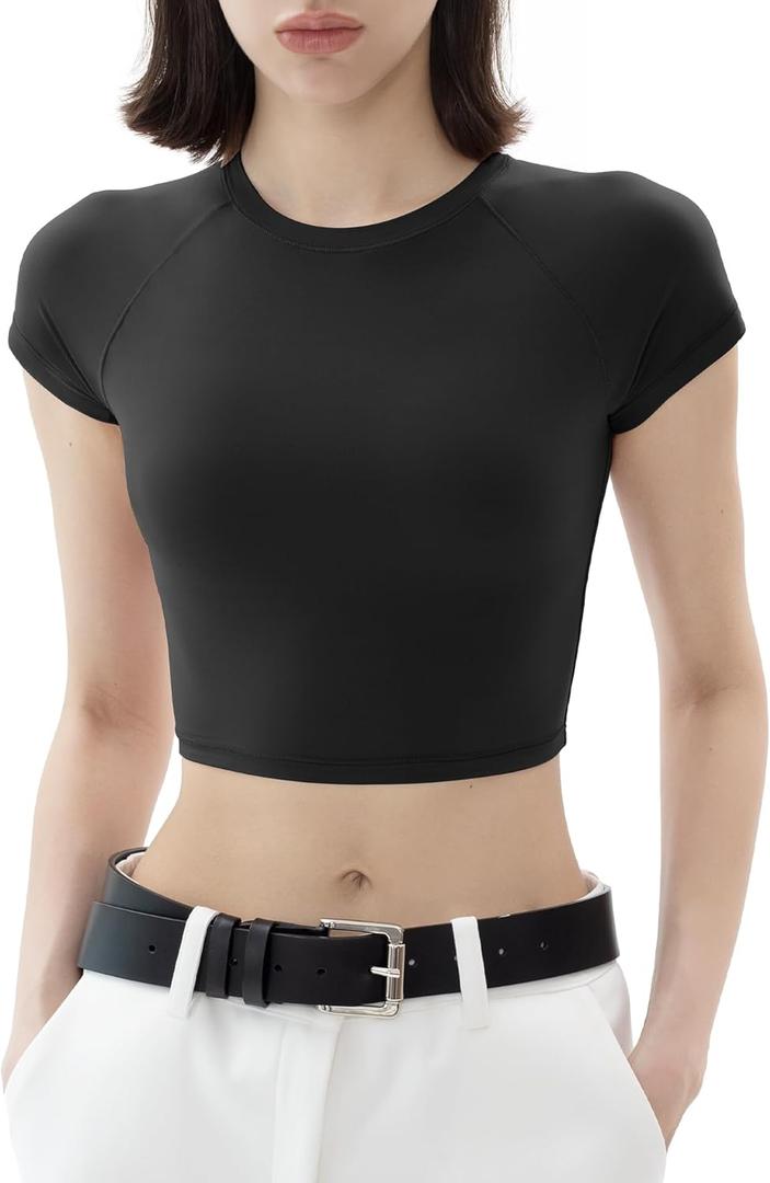 PUMIEY Crop Tops for Women Short Sleeve Crew Neck T Shirt Sexy Baby Tees Jet Black Small