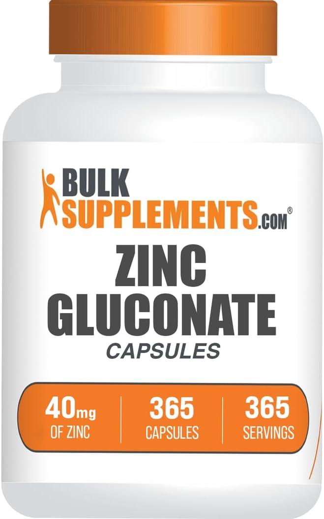 BulkSupplements.com Zinc Gluconate Capsules - Zinc Supplements, for Immune Support - Gluten Free, 1 Capsule per Serving, 365 Count (Pack of 1) BB:01/31/2028