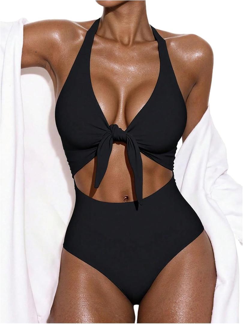 WDIRARA Women's Halter One Piece Monokini Cut Out Tie Front High Cut Swimwear (Large, Black)
