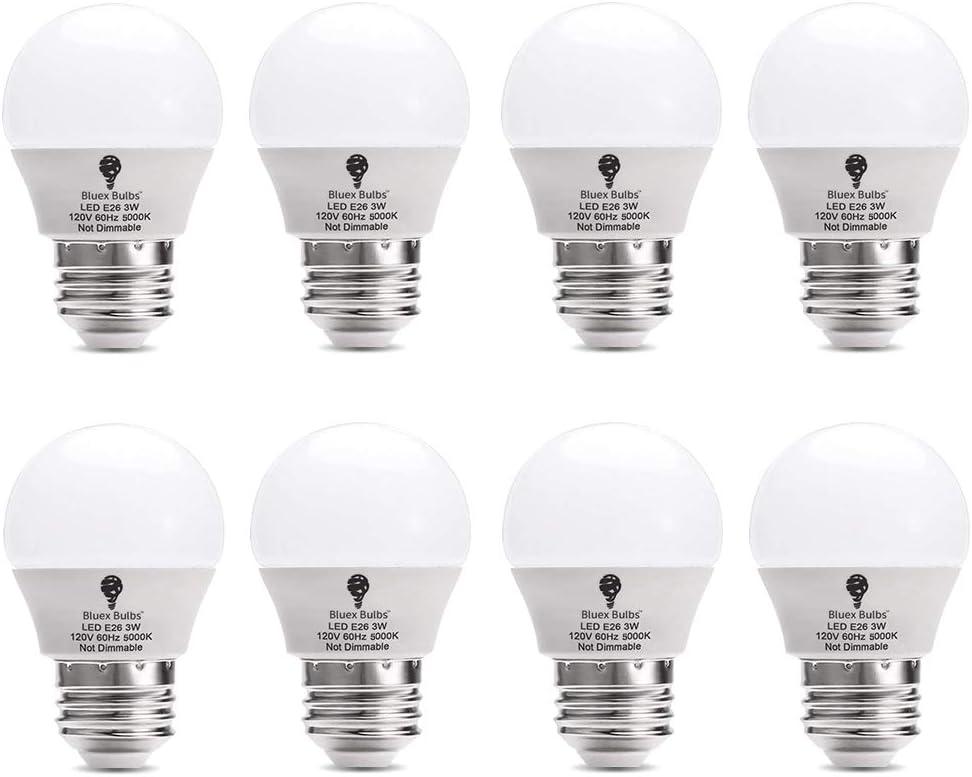 8 Pack BlueX 3W G14 LED Light Bulb 5000K Daylight - 25W Equivalent - E26 Base 120V - Small Night Light Bulbs for Bedroom, Ceiling Fan, Table Lamp, Kitchen, Pendant Fixtures, Dinning Room