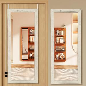 Over The Door Mirror for Wall or Door Mount, 44"x18" Full Length Mirror, Wooden Frame Rectangular Dressing Mirror Hanging with 2 Metal Hangers for Bedroom, Bathroom, White