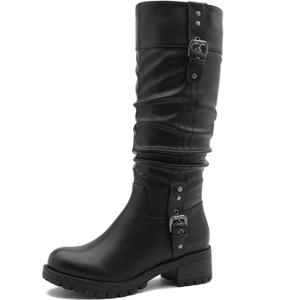 GLOBALWIN Women's Black Knee-High Boots: Fashion Dressy Riding Boots - Chunky Low Heel, Slouchy Design, Buckle Detail, All-Season, Comfortable 2-Inch Heels (8)