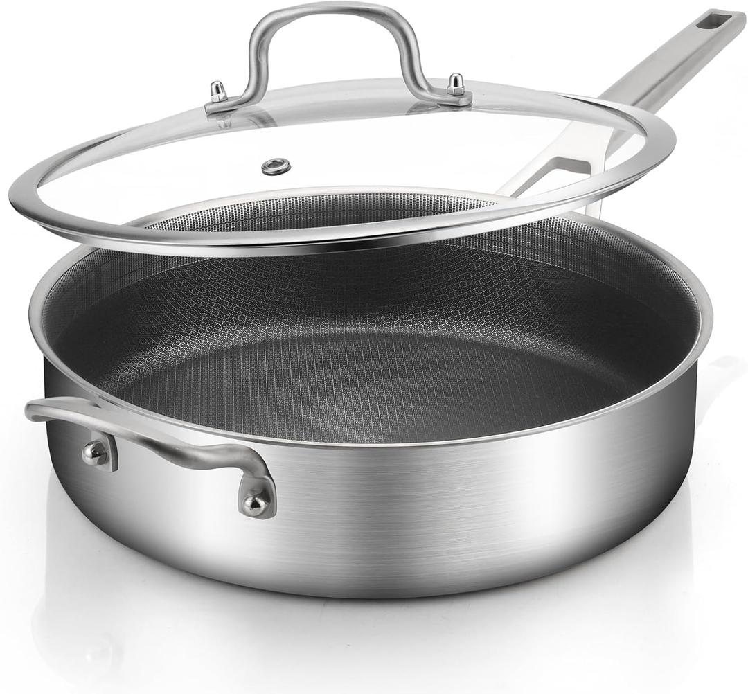 Stainless Steel 6 Quarts Saute Pan with lids, Nonsitck 12.5 inch Jumbo Cooker, 3 Layer Deep Frying pan with Stay Cool Handle, Dishwasher and Metal Utensil Safe