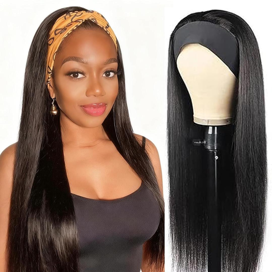 Headband Wig Human Hair 20 Inch Straight Headband Wigs 180% Density Glueless Wigs for Black Women Glueless No Lace Front Human Hair Natural Color Brazilian Virgin Hair