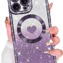 Bonoma Magnetic Glitter for iPhone 16 Pro [Compatible with MagSafe], Luxury Love Heart Pattern Plating Bling Rectangular Case,Camera Protection Sparkly Soft Back Cover for Women Girls-Purple