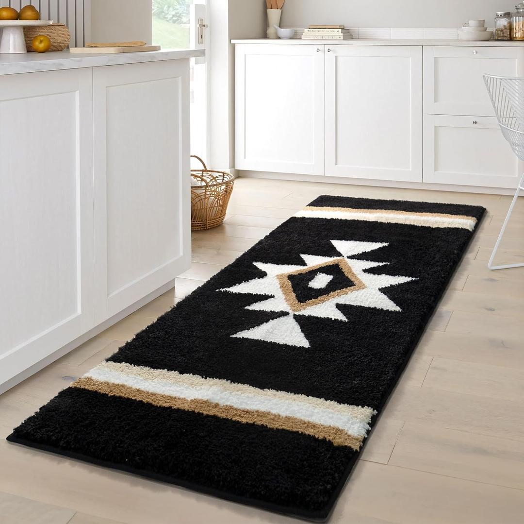 Boho Bathroom Rugs Runner Black Non Slip Bath Mat Geometric Long Soft Absorbent Large Carpet for Entryway Kitchen Shower Farmhouse Decor 24x60 (24"x60")