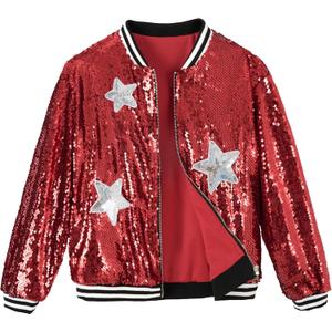 LOLANTA Girls Metallic Sequin Baseball Jacket Varsity Jacket Bomber Clothes (Red, 14-15)