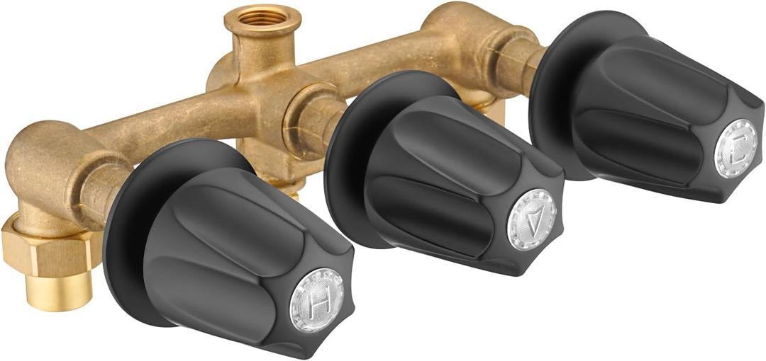3 Handle Tub& Shower Rough-In Valve Heavy Duty with Black Trim Kit,3-Hole Installation, 1/2-Inch Union Inlets, 1/2-Inch I.P. Outlets, Union Nuts Included
