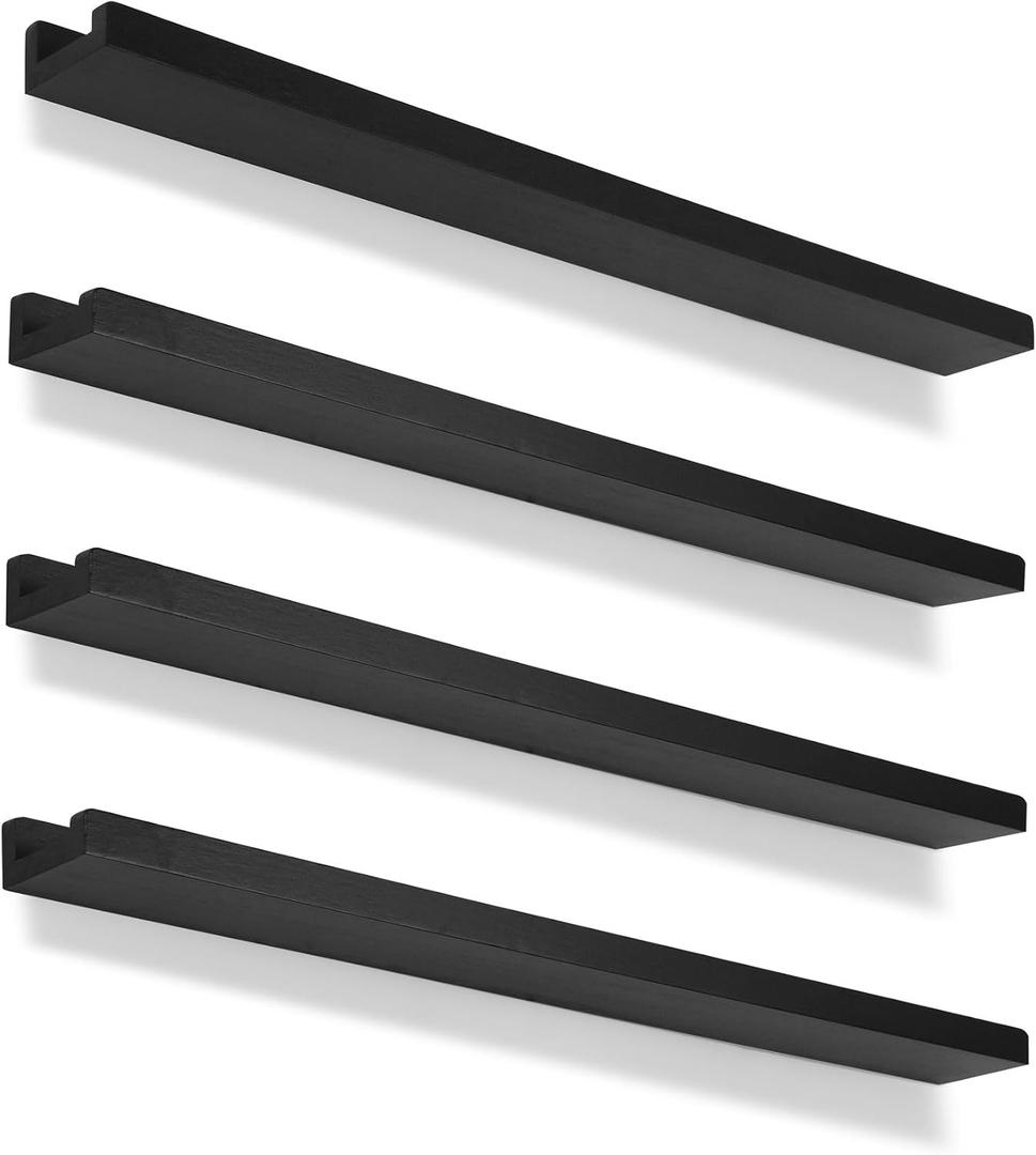 Picture Shelves for Wall,Long Floating Ledge Set of 4,Narrow Large Wood Rustic Photo Frames Vinyl Record Storage Display Nursery Kids Bookshelf Decor for Living Room Bedroom Kitchen,36'',Black
