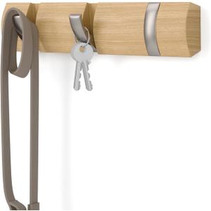 Umbra Flip Wall-Mounted Coat Rack with 3 Hooks  Modern, Space-Saving Storage for Hats, Jackets, Bags, Entryway, Mudroom, Closet, Bathroom, Bedroom  Natural/Nickel