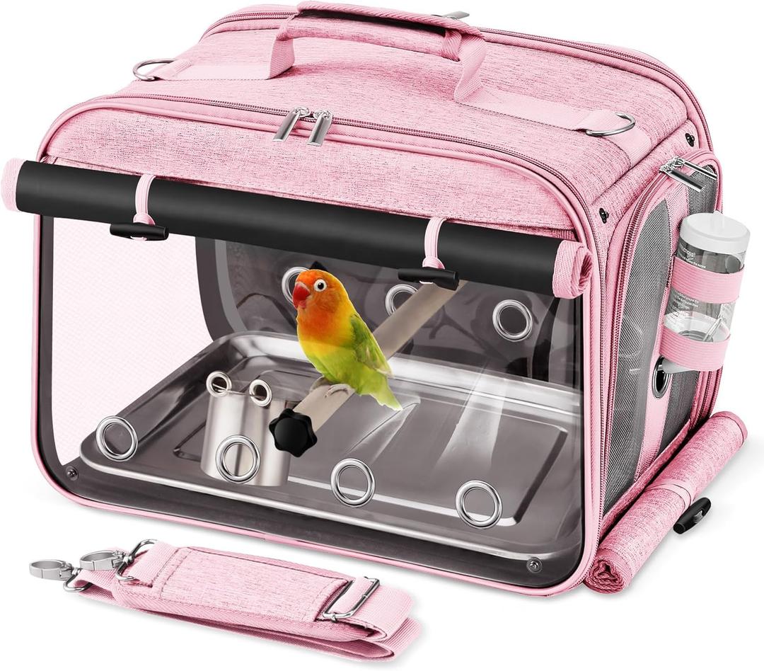 Suertree Bird Carrier Airline Approved, Bird Travel Cage with Indestructible Stainless Steel Mesh, Bird Travel Bag Lightweight and Portable with Water Bottle and Bowl (Pink)