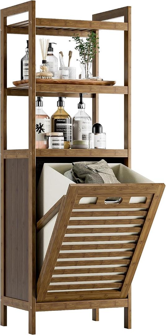 Bamboo Tilt Out Laundry Hamper, Bathroom Storage Cabinet with Hidden Removable Basket and 3 Open Shelves, Space Saving Bamboo Storage for Clothes, Towels and Toys, Walnut, 15.75 inches x 11.81 inches x 46.85 inches