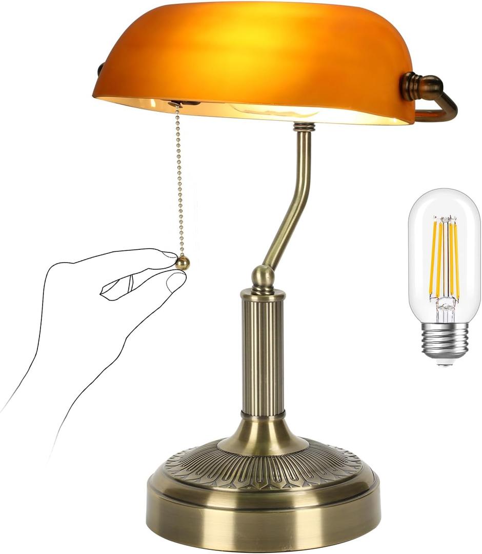NISSAFORS Bankers Desk Lamp, Amber Glass Shade, Vintage Desk Lamp with Pull Chain Switch, Retro Table Lamps for Home Office LED Bulb Included (Brass+Amber, Middle)