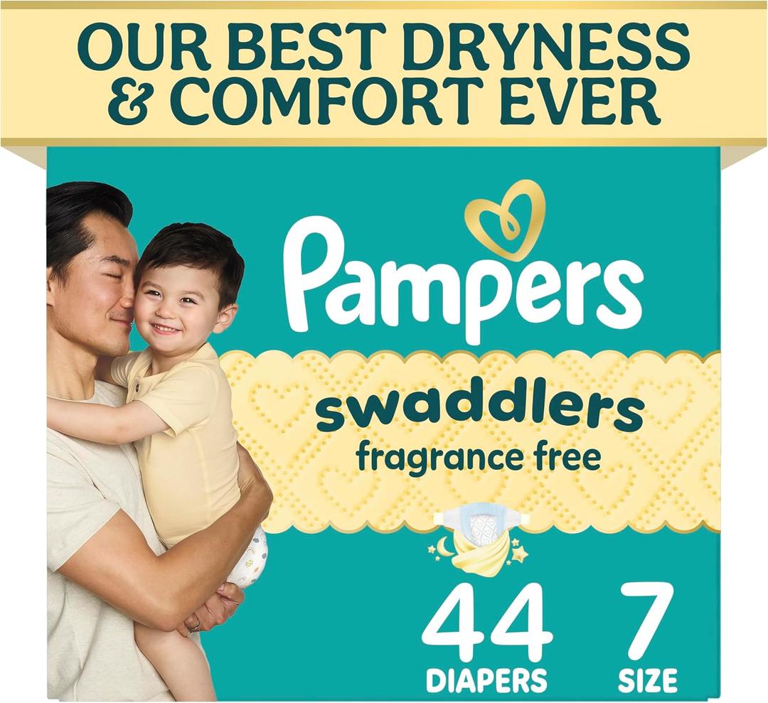 Pampers Swaddlers Diapers, Size 7 (26-50 lbs), 44 Count, Fragrance Free, Hypoallergenic, Absorbent, Pediatrician Recommended, Skin Safe