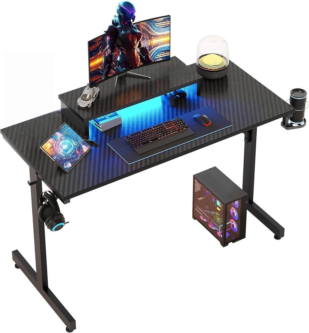Bestier 42 inch Gaming Desk with LED Lights, Small Computer Gaming Table with Monitor Shelf, Gamer Desk with Headphone Hook, Kids Boys Computer Table with Black Carbon Fiber Texture