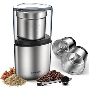 SHARDOR Coffee Grinder Electric Herb/Wet Grinder for Spices and Seeds with 2 Removable Stainless Steel Bowls, Silver
