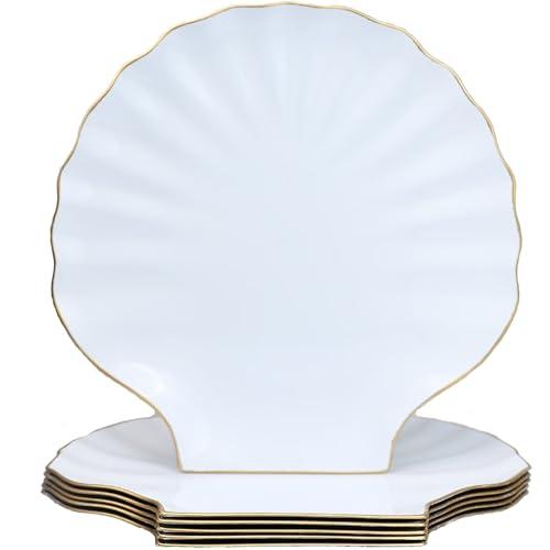 Spsyrine White Charger Plates, 13" Set of 6 Scalloped Seashell Plastic Table Chargers for Dinner Plates, Wedding, Thanksgiving Christmas Events, Party, Tabletop Decor.