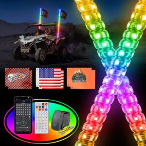 2PCS 6FT Whip Lights for UTV ATV with DIY Length, Tripled Brighter Led Whip Light W/Rocker Switch & 6 Flags, Spiral Chasing Lighted Antenna Whip with APP & Remote Control for RZR SXS Can-Am