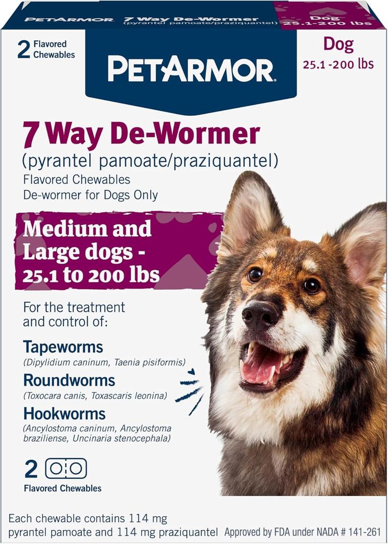 PetArmor 7 Way De-Wormer for Dogs, Oral Treatment for Tapeworm, Roundworm & Hookworm in Large Dogs & Puppies (Over 25 lbs), Worm Remover, Puppy Dewormer (Praziquantel & Pyrantel Pamoate), 2 Chewables