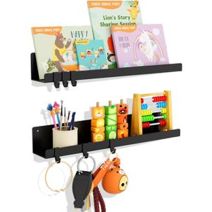 2-Pack Magnetic Book Shelf for Whiteboard - 17 Inch Reusable Metal Magnetic Shelves, Holds 14.33 lbs, Magnetic Book Display for Classrooms, Kitchen(New Black)