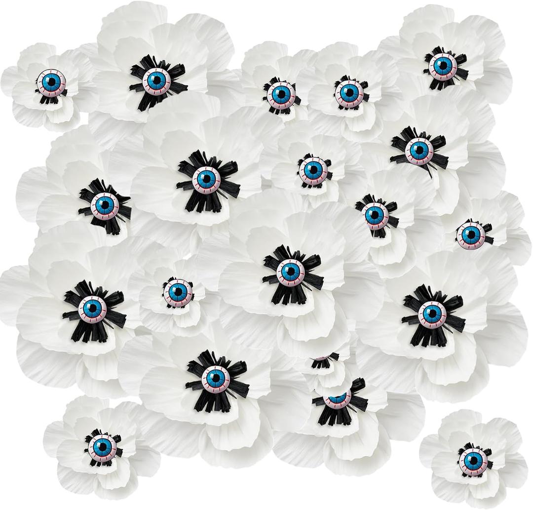 24 Set Halloween Decoration 6-12 Inch Large Poppy Flowers with Horror Props Artificial Crepe Paper Flowers Scary Props for Halloween Indoor Outdoor Wall Table Parties Backdrop Decor(White)