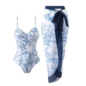 Women's One Piece Swimsuit with Beach Cover Up Retro Floral Print Bathing Suits with Coverup Set Sarong Wrap Swim Suit 1 Piece Swimwear Set with Matching Skirt Blue Floral Medium