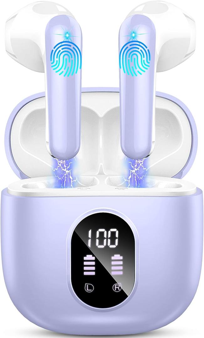 Wireless Earbuds, Bluetooth 5.4 Headphones 50H Playback Bass Stereo Ear Buds with 4 ENC Cancelling Mics, Bluetooth Earbuds Dual LED Display IP7 Waterproof in-Ear Earphones USB-C for Android iOS Purple
