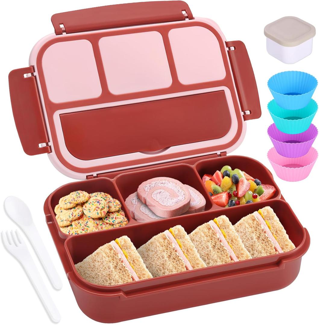 Shell and Turtle Bento Box Adult Lunch Box, Lunch Containers for Kids Girls Boys with 4 Compartments, Lunchable Food Container with Utensils, Sauce Jar, Muffin Liners, 40 Oz/5 Cup, Retro Red