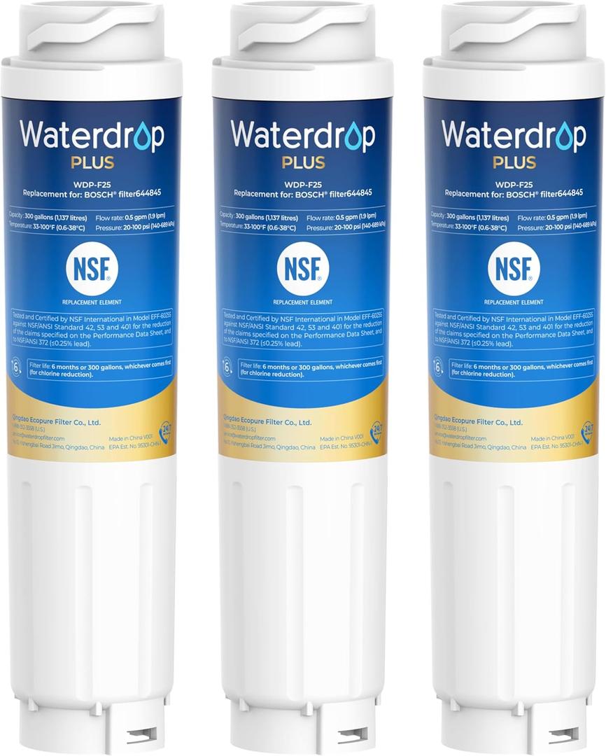 Waterdrop Plus 644845 Filtro de agua para refrigerador certificado NSF 401 y 53 y 42, plomo y repuesto, repuesto para Bosch 11034152, 9000077104, UltraClarity REPLFLTR10, 3 filtros