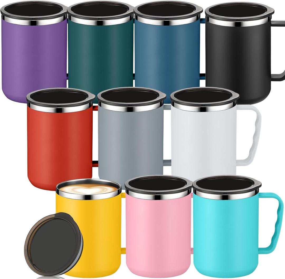 Roshtia 10 Pcs Coffee Travel Mug Vacuum Reusable Insulated Coffee Mug with Lid and Handle 17 oz Camping Insulated Cup Double Wall Stainless Steel Mug for Men Women Home Office Outdoors (Multicolor)