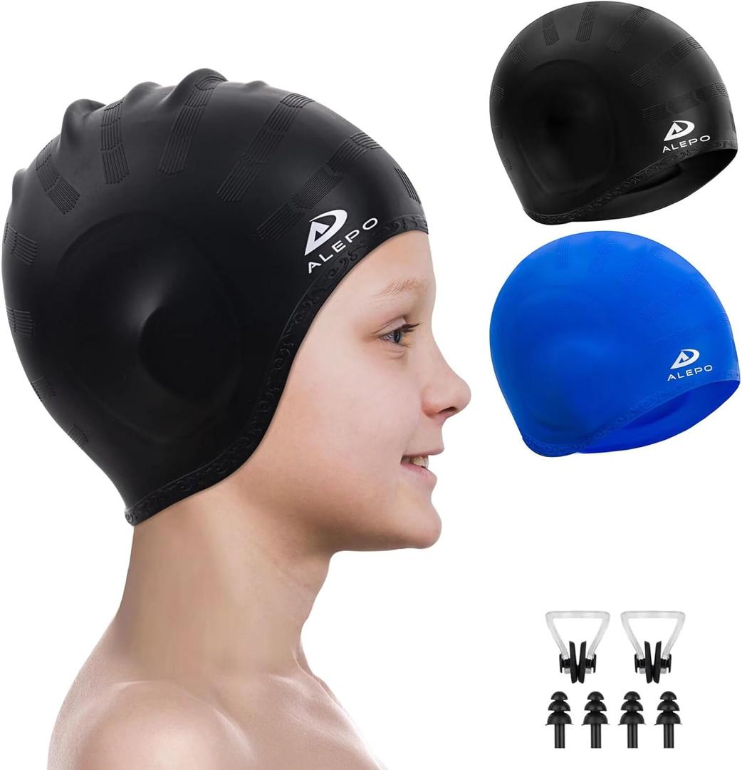 2 Pack Kids Swim Caps for Boys Girls, Durable Silicone Swimming Cap with 3D Ear Pockets for Age 3-15 Toddler Child Youth Teen, Unisex Swim Bath Hats for Short/Long Hair with Ear Plugs Nose Clip