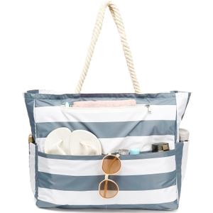 Large Beach Bag for Women, Waterproof Travel Tote Bag with Lunch/Wet Pocket for Weekender, Sandproof, Zipper Closure