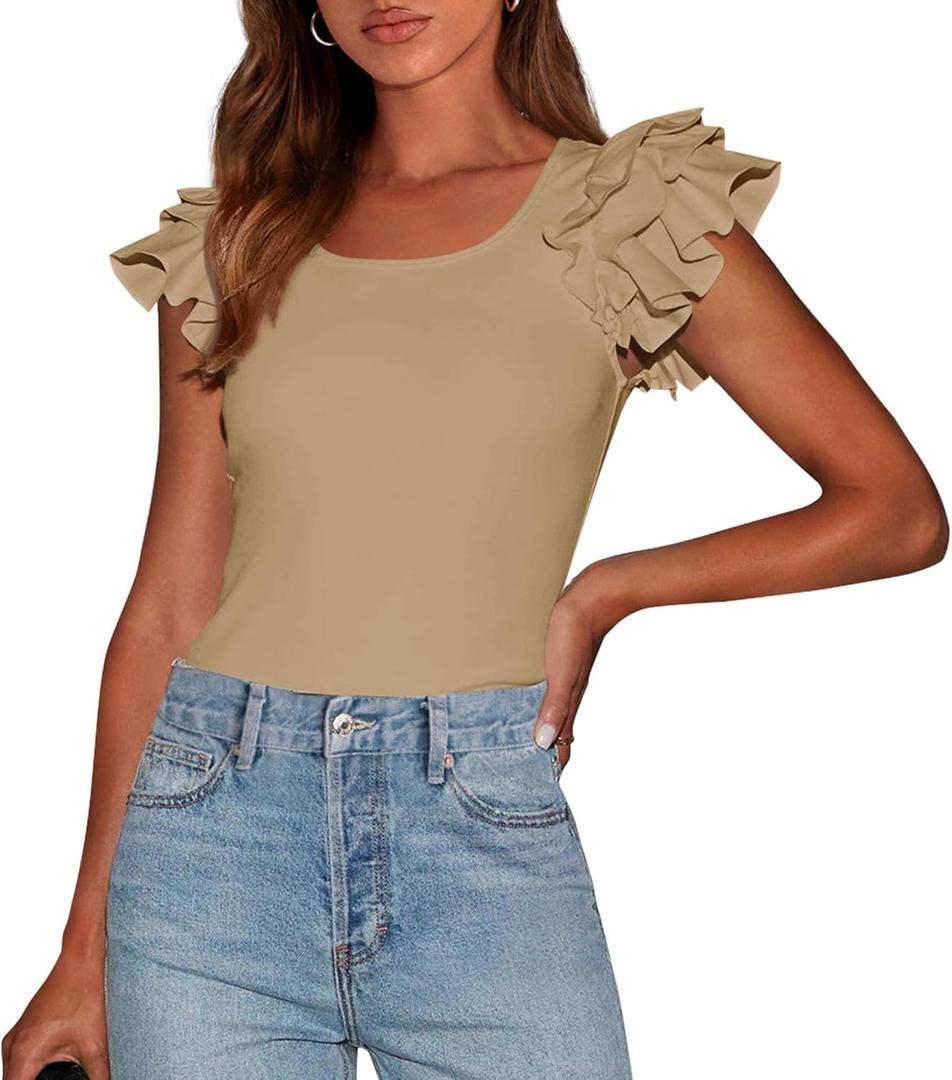 PRETTYGARDEN Women's Ruffle Short Sleeve Shirts 2026 Summer Casual Basic Tee Cute Fitted Crew Neck Fashion Tops Clothes (Khaki)