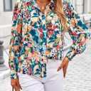 PRETTYGARDEN Women's Floral Blouses Dressy Casual V Neck Button Down Shirts Lantern Long Sleeve Boho Chiffon Spring Tops 2026 (L)