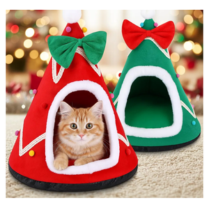 Novabright 2 Pcs Christmas Tree Cat Bed - Red & Green (1 Each), 15x16 Inches Small Size, Cotton Fleece Cave Bed with Non-Slip Bottom for 6 Lbs Kittens/Small Dogs