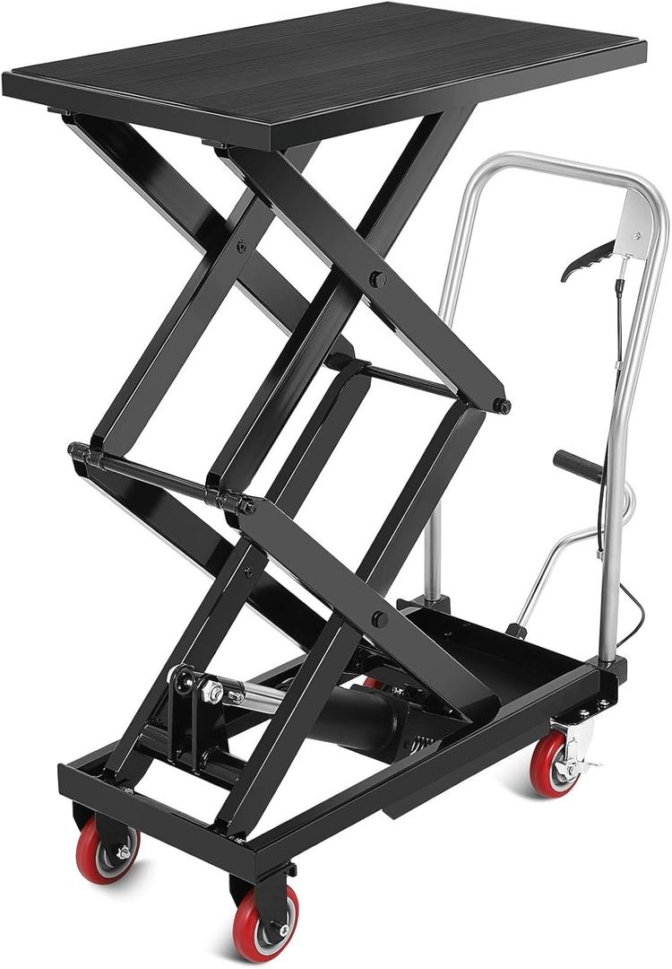 Hydraulic Lift Table Cart, 770 Lbs Capacity 50" Lifting Height Double Scissor Lift Table with Anti-Slip Pad & 4 Wheels for Material Handling & Transportation in Warehouse, Workshop, Black