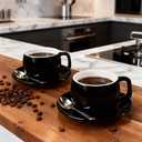 ionEgg Porcelain Coffee Cup with Saucers and Spoons 270ml/9oz for Latte, Cappuccino and Tea, Black, Set of 2