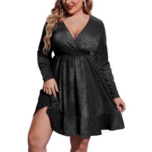 IN'VOLAND Plus Size Womens Glitter Dress V Neck Long Sleeve Ruffle Hem Swing Club Cocktail Party Dresses 14W