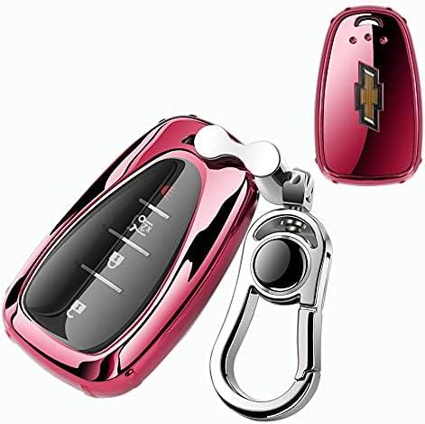 K LAKEY Chevy Key Fob Cover,Compatible with Chevrolet Chevy Malibu Camaro Cruze Spark Volt Sonic Trax Equinox Smart Car Key Soft TPU Case Shell Protector with Alloy Keychain Pink