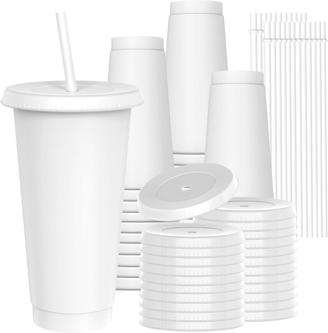 24 oz Plastic Cups With Lids and Straws, Sturdy & Food-Safe Iced Coffee Cups With Lid, Plastic Tumbler Reusable, Drinking Cups for Cold Drinks, Milkshakes, Smoothies - White(24 Sets) (EXP 12/31/36)