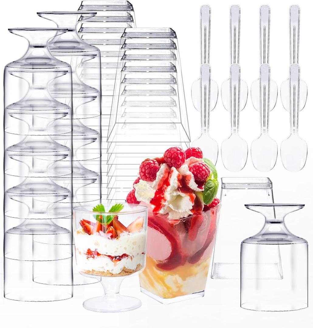 Whaline 100Pcs 5oz Dessert Cup Set with Spoons 50 pcs Clear Plastic Parfait Cup Mini Square Dessert Goblet Appetizer Cups 50 pcs Plastic Spoons for Fruit Ice Cream Cake Party Events Supplies