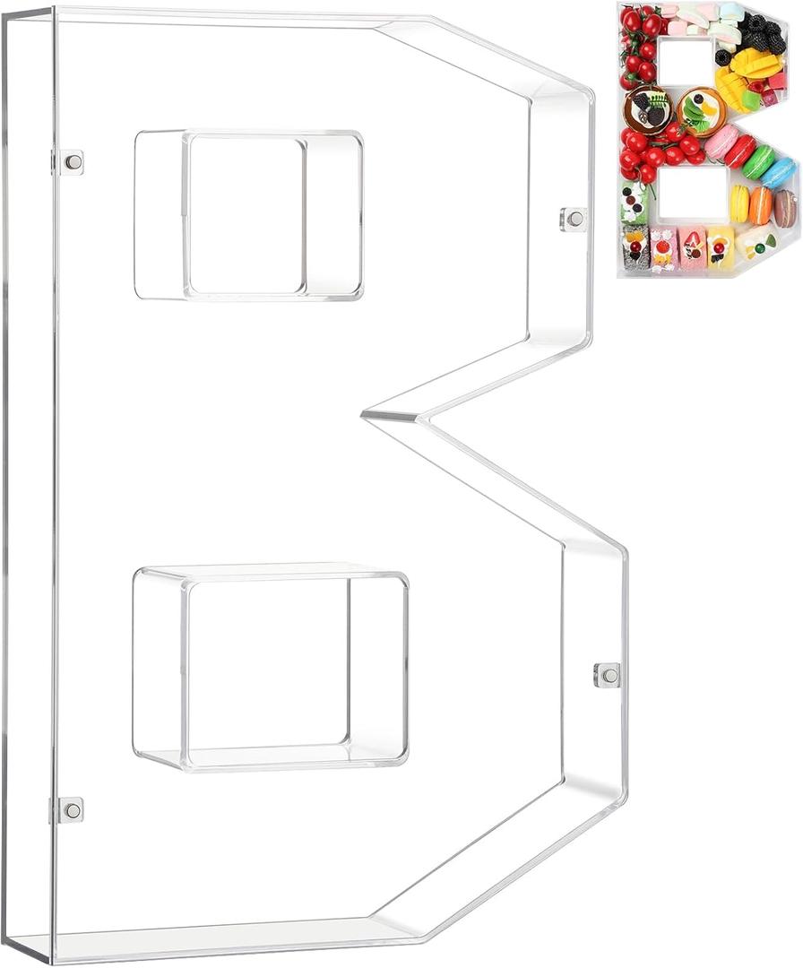 2 x 14.2" Acrylic Letter Charcuterie Box, Reusable Fillable Alphabet Number Shaped Form Tray for Birthday Anniversaries, Party Decorative Serving Plates Display Candy Cake (Letter B)