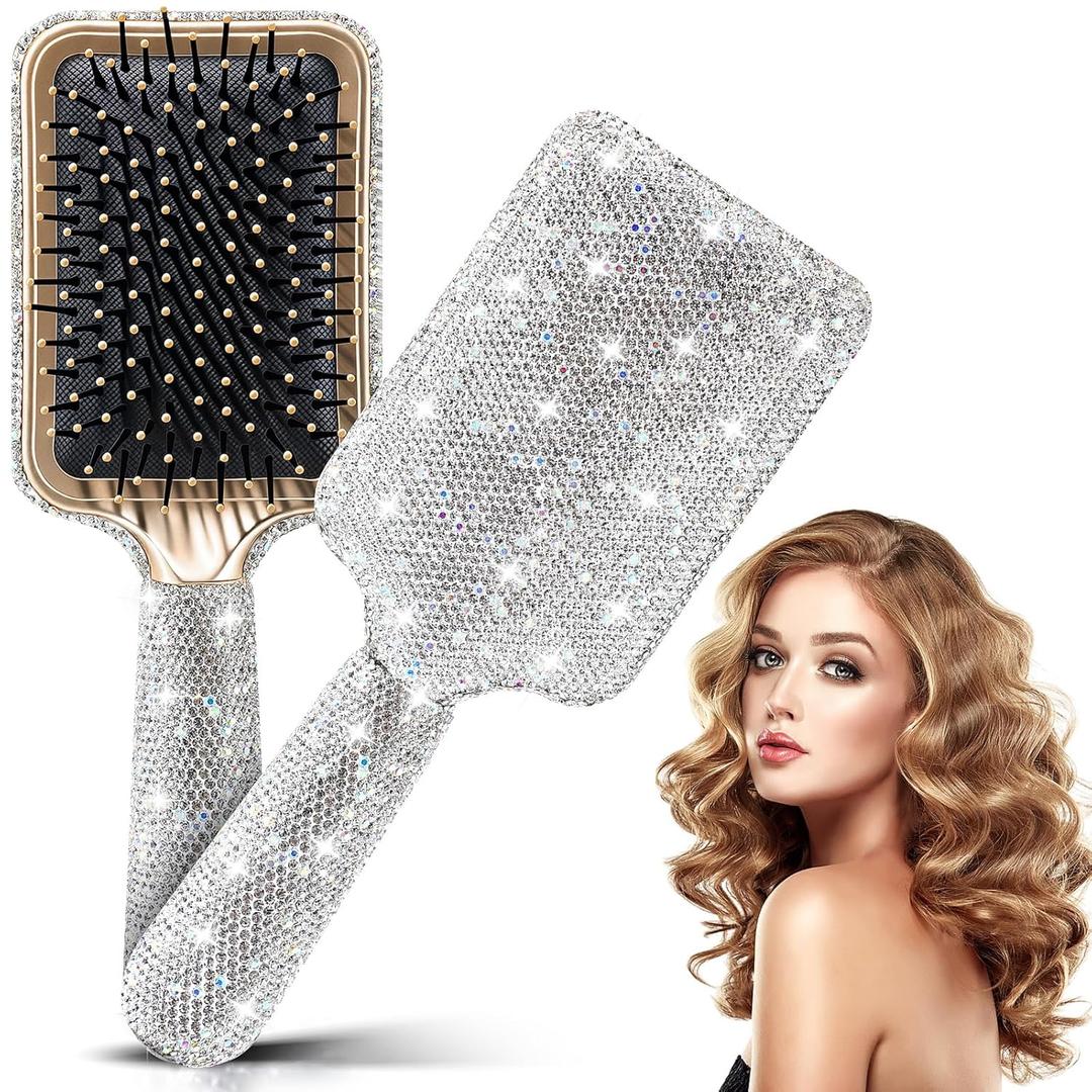 Meanplan Rhinestone Hair Brush for Women Bling Detangling Curly Hair Brush Paddle Comb All Wet or Dry Hairs Types with Massage Air Cushion Mother's Day Gifts for Women