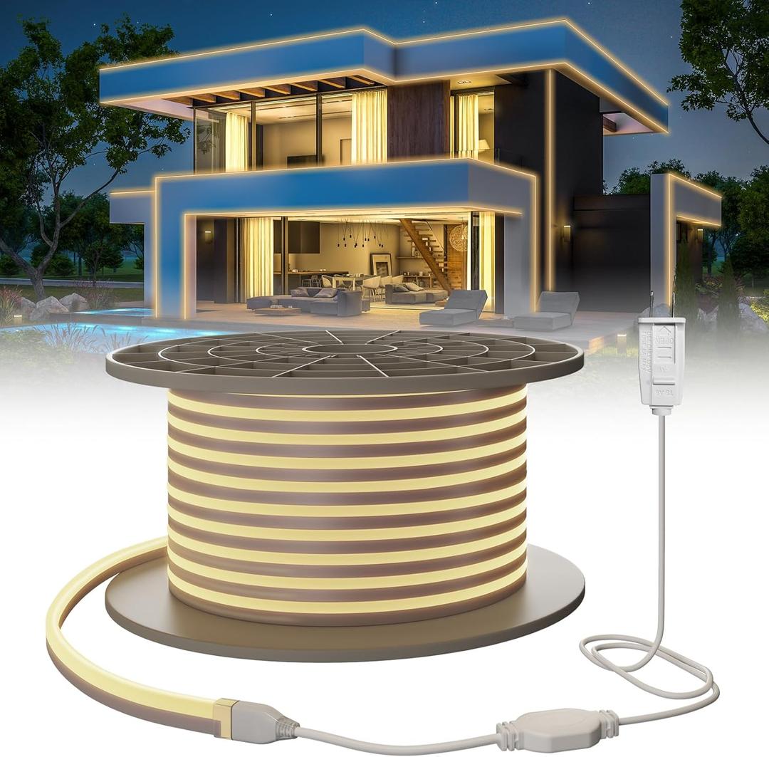 SUCIKORIO Neon Led Strip Lights 50ft / 15m Warm White 3000K Waterproof IP65 Flexible LED Light Strip AC 110-120V Led Lights for Bedroom, Indoor & Outdoor, Power Adapter Included