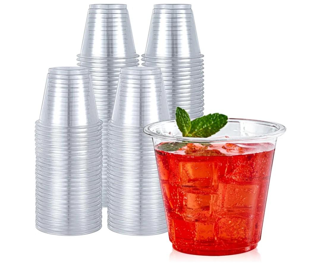 Turbo Bee 100 Pack 9oz Clear Plastic Cups,Disposable Crystal Drinking Cups,PET Plastic Party Cups for Wine,Juice,Iced Coffee and Cold Drinks