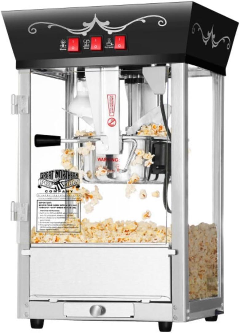 Matinee Popcorn Machine - 8oz Popper with Stainless-Steel Kettle, Reject Kernel Tray, Warming Light, and Accessories by Great Northern Popcorn (Black)