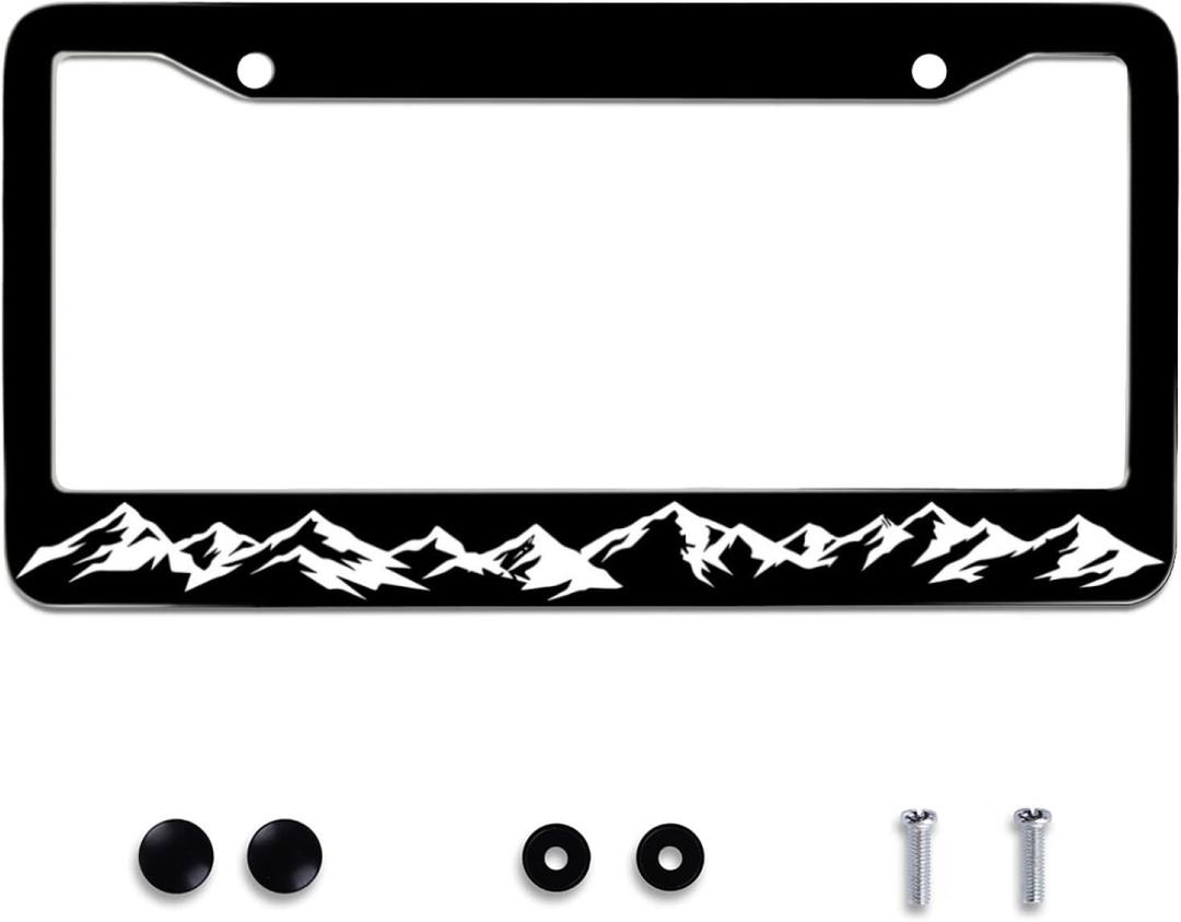 Mountain License Plate Frame Mountains Scenery Stainless Steel License Plate Frame Black White Auto Parts Decoration with Screws License Plate for Men Women 12x6 Inch