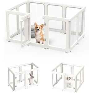 Dog Playpen, Clear Acrylic Plastic Puppy Playpen Indoor, Pet Pen for Puppy Cat Bunny, Transparent Easy Assemble Foldable Whelping Box for Dogs, Puppy Playpen with Gate (23.6" Height, 10PCS) (White)