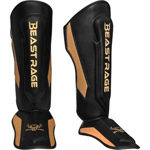 BEAST RAGE MMA Martial Arts Shin Guards for Kickboxing Adjustable Muay Thai, Padded Martial Arts Shin Pads Leg Guard with Instep Sleeves MMA Training BJJ Karate Boxing Taekwondo (Golden, XL)
