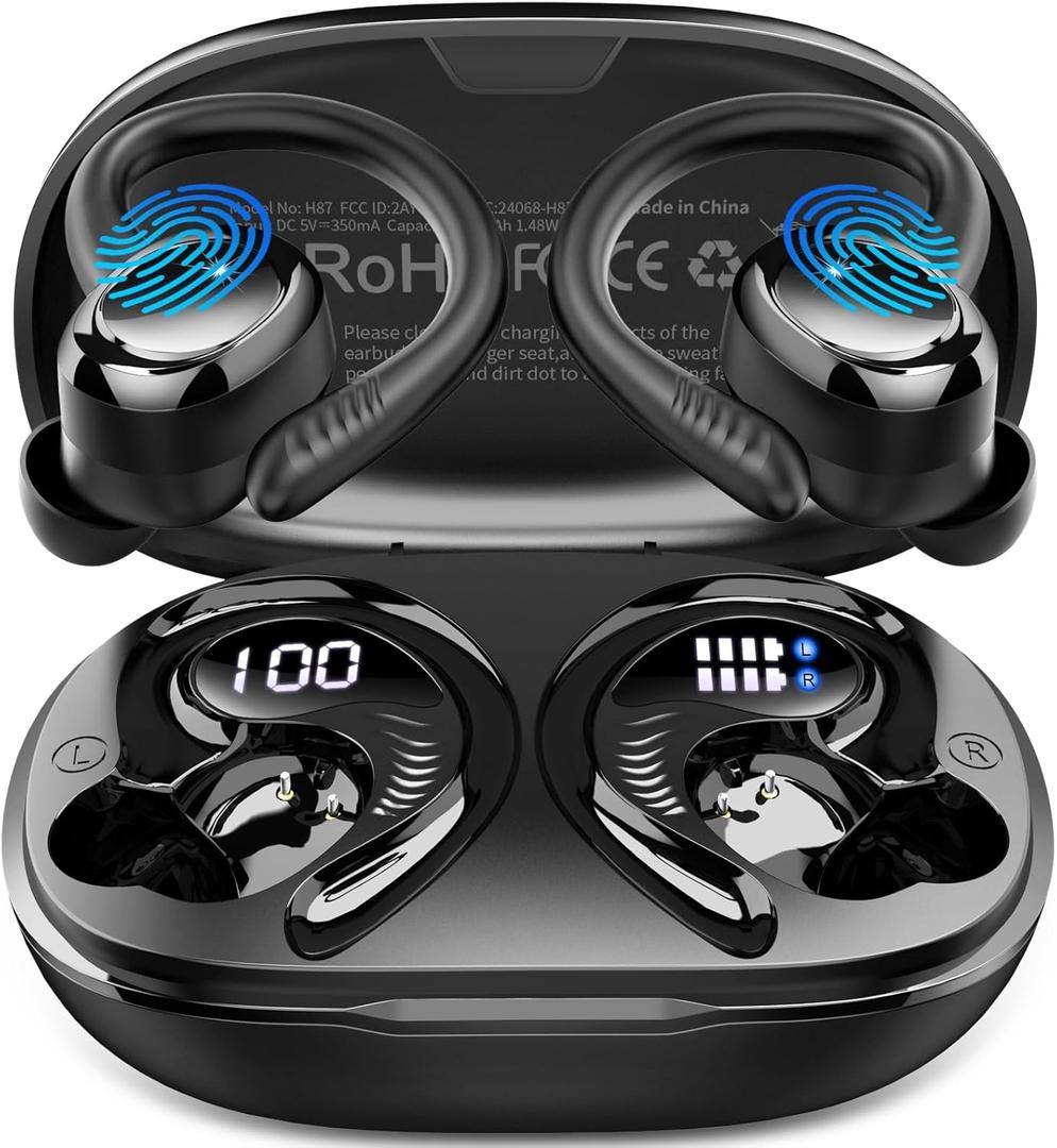 Hupoaf Wireless Earbuds Sport, NEW Bluetooth 5.4 Headphones with Earhooks, 50H Stereo Deep Bass Over Ear Buds with 4 ENC Noise Canceling Mics, IP7 Waterproof Earphones for Running Workout Gym -Black